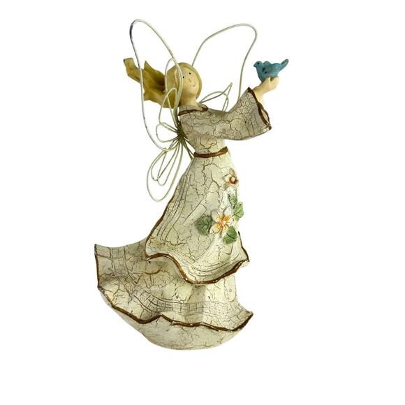 Vintage Tender Hearts Angel Figurine with Bluebird, Wire Wings, Crackle Finish - Picture 1 of 16